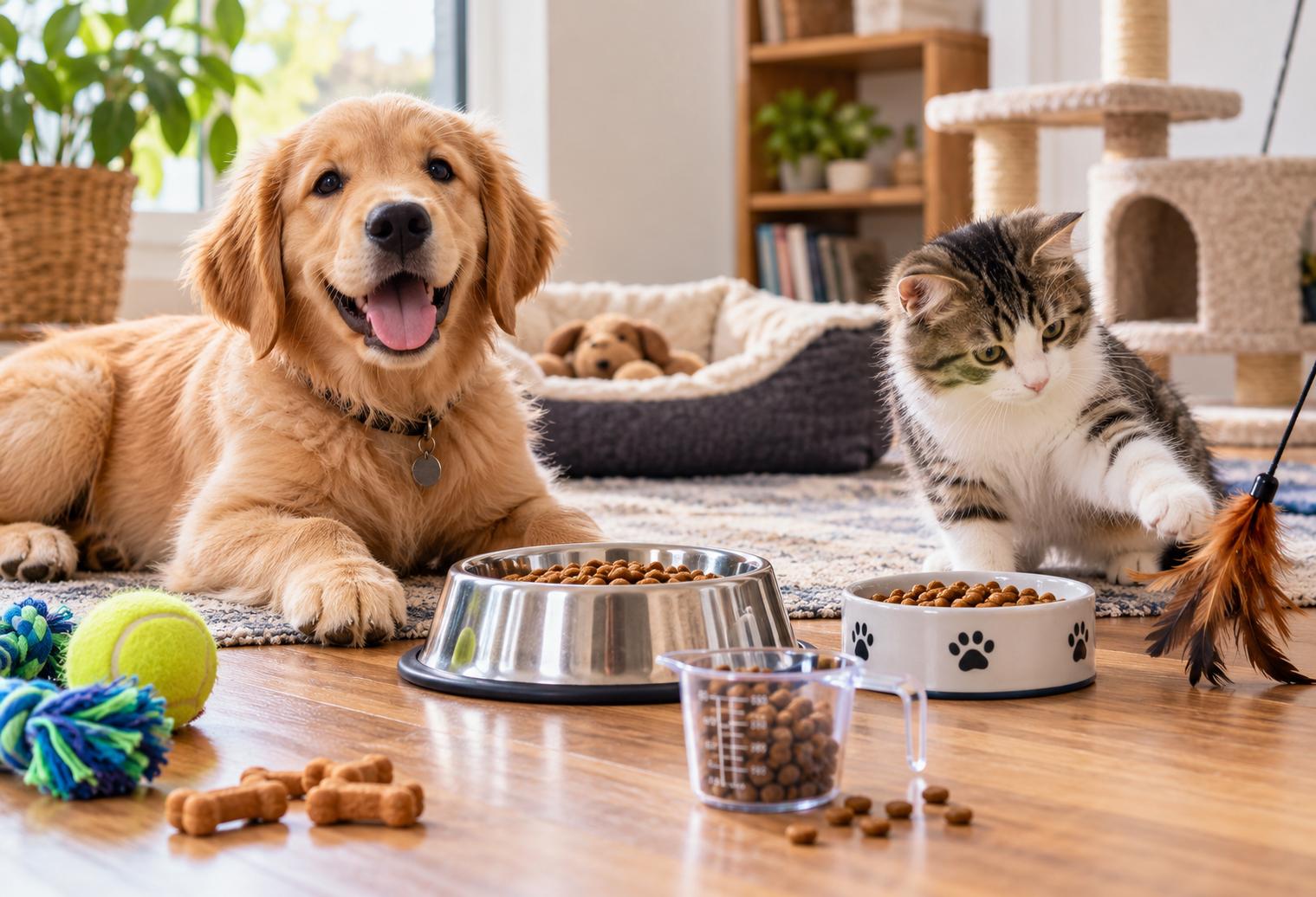 Healthy golden retriever puppy and tabby cat with measured food bowls, a portion scoop, treats, and toys as part of a healthy new-pet routine.